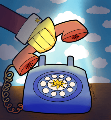 cartoon artwork of an arm picking up a rotary phone. the hand is yellow, and wearing a red cardigain with a white undershirt. they are also wearing a sun-shaped cufflink. the rotary phone has a blue base, while the reciever itself is red. there is a picture of a smiling sun on the front. there is cloud-patterned wallpaper in the background.